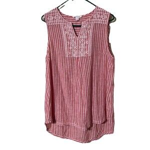 Beach Lunch Lounge Linen Cotton Blouse Red with White Stripes Embroidered NeckL